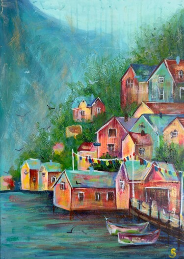 "Fjord Village" başlıklı Tablo Soneta Art tarafından, Orijinal sanat, Akrilik Ahşap Sedye çerçevesi üzerine monte edilmiş
