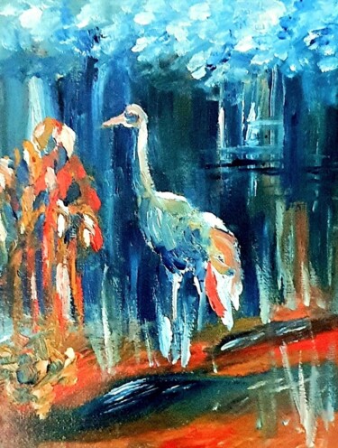 Malerei mit dem Titel "Kranich blau rot" von Anne Goldhahn, Original-Kunstwerk, Öl