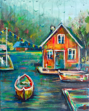 Peinture intitulée "House by the Water" par Soneta Art, Œuvre d'art originale, Acrylique Monté sur Châssis en bois