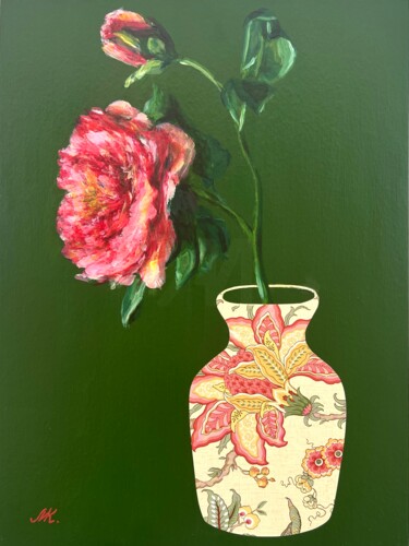 Peinture intitulée "Peony in Patterned…" par Marina Kozyr, Œuvre d'art originale, Acrylique Monté sur Carton
