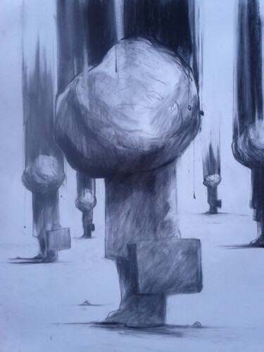 Rysunek zatytułowany „métro, boulot, empl…” autorstwa Bruno Nugeron, Oryginalna praca, Węgiel drzewny Zamontowany na Karton