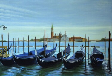 Painting titled "Gondoles à VENISE." by Charles Unger, Original Artwork, Oil Mounted on Wood Stretcher frame