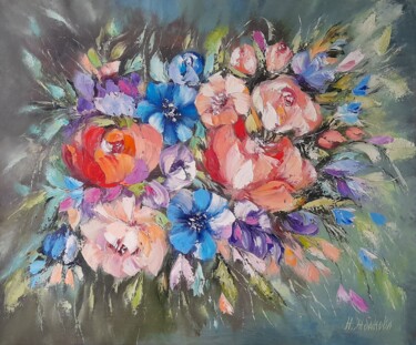 "Colorful Flowers Oi…" başlıklı Tablo Natalya Zhdanova tarafından, Orijinal sanat, Petrol Ahşap Sedye çerçevesi üzerine mont…