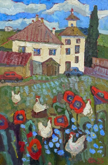 Peinture intitulée "Red Poppies & Chick…" par Ann Golub, Œuvre d'art originale, Huile Monté sur Châssis en bois