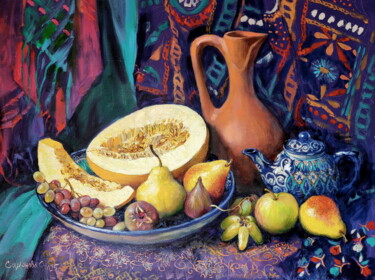 Painting titled "Still Life with Mel…" by Simanolya, Original Artwork, Oil Mounted on Wood Stretcher frame