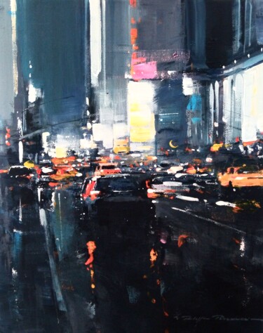 Schilderij getiteld "Times Square N° 2174" door Philippe Perennou, Origineel Kunstwerk, Olie Gemonteerd op Frame voor houten…