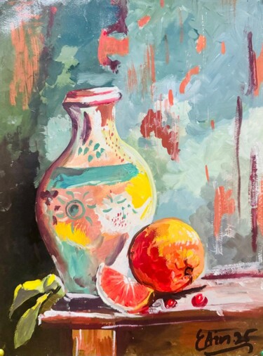 Painting titled "Fruit & Vase" by Ayesha Batool, Original Artwork, Oil