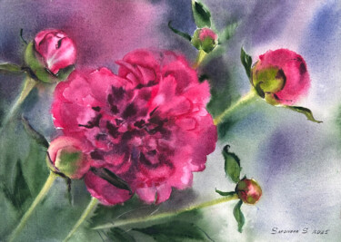 Painting titled "Bright peony" by Svetlana Safonova, Original Artwork, Watercolor