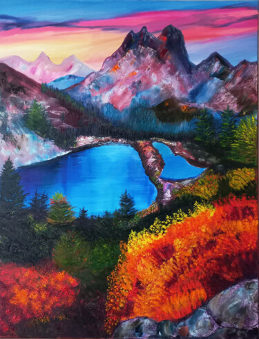 Painting titled "Swiss Mountains, Al…" by Marina Pingitzer, Original Artwork, Oil Mounted on Wood Stretcher frame