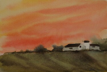 Pittura intitolato "Tramonto rosso" da Mtf, Opera d'arte originale, Acquarello