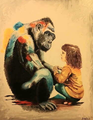 Painting titled "gorille avec une pe…" by Daniel Nies, Original Artwork, Oil Mounted on Wood Stretcher frame
