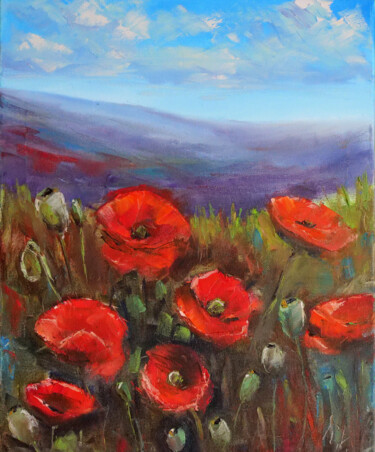 Peinture intitulée "Red Poppies Tuscany…" par Dr. Barmely, Œuvre d'art originale, Huile