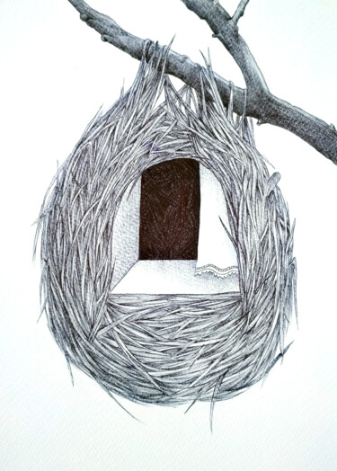 Tekening getiteld "A simple nest" door Andromachi Giannopoulou, Origineel Kunstwerk, Balpen Gemonteerd op Karton