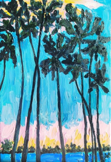Painting titled "Palm Trees by the W…" by Mara Kolesova, Original Artwork, Oil Mounted on Wood Stretcher frame