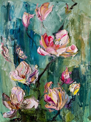 Painting titled "Pink Magnolia Bloss…" by Mily Art, Original Artwork, Oil Mounted on Wood Stretcher frame