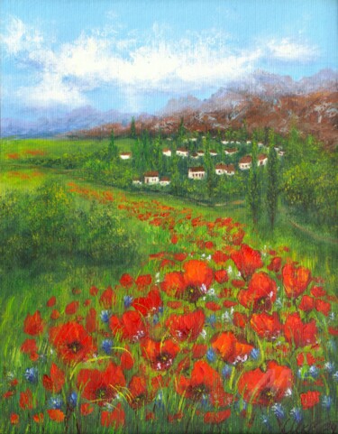 Peinture intitulée "Red poppies field" par Ludmilla Ukrow, Œuvre d'art originale, Huile Monté sur Carton