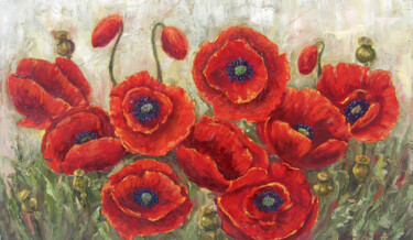 Peinture intitulée "Blooming red poppies" par Alina Stepaniuk, Œuvre d'art originale, Huile Monté sur Châssis en bois