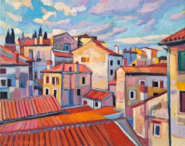 Painting titled "Silence over the ci…" by Maja Djokic Mihajlovic, Original Artwork, Oil Mounted on Cardboard