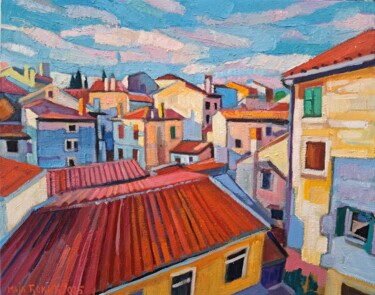 Painting titled "Silence over the ci…" by Maja Djokic Mihajlovic, Original Artwork, Oil Mounted on Cardboard