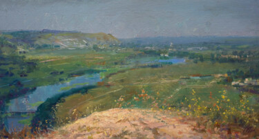 Peinture intitulée "Summer Green Landsc…" par Artem Bilobrovskyi, Œuvre d'art originale, Huile Monté sur Carton