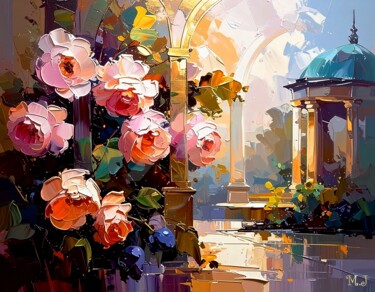 Arts numériques intitulée "Roses, garden gazebo" par Armajay, Œuvre d'art originale, Peinture numérique