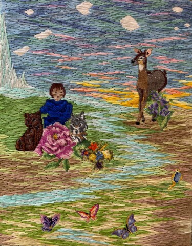 Arte tessile intitolato "Waterfall Wonder" da Frances Lora, Opera d'arte originale, Ricamo Montato su Telaio per barella in…