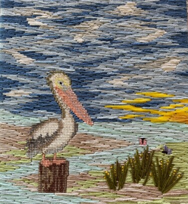 Textile Art titled "Pelican Sunrise" by Frances Lora, Original Artwork, Embroidery Mounted on Wood Stretcher frame