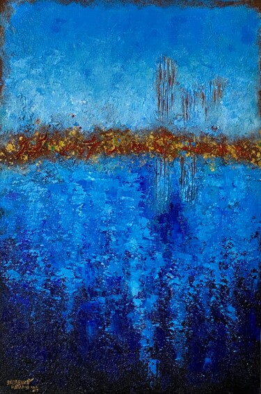 Painting titled "Abstract Blue Lands…" by Nataliia Yakovenko, Original Artwork, Acrylic Mounted on Wood Stretcher frame