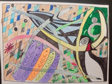 Painting titled "Pinguino y peces en…" by Maria Durga, Original Artwork, Watercolor