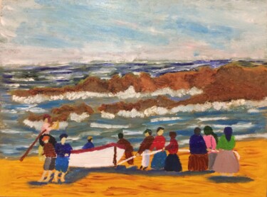 Pintura intitulada "Pescadores e mulher…" por Júlio Rocha, Obras de arte originais, Óleo
