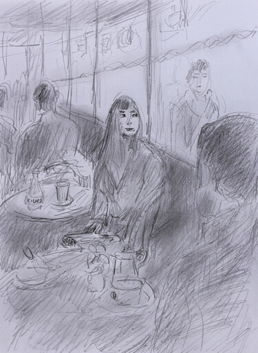 "Jeune femme au café" başlıklı Resim Jean Mirre tarafından, Orijinal sanat, Kalem