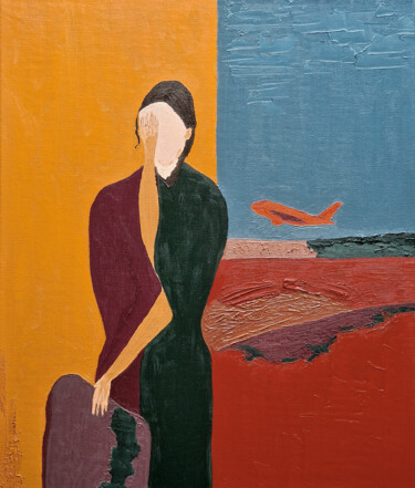 Painting titled "Girl and plane, охр…" by Natalya Belalova, Original Artwork, Oil Mounted on Wood Stretcher frame