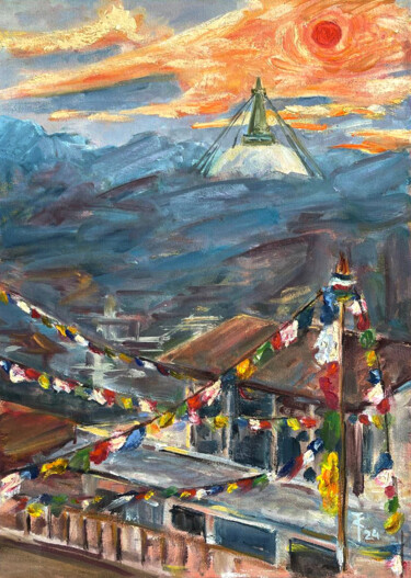 Painting titled "Sunset over Boudhan…" by Sasha Tovstik, Original Artwork, Oil Mounted on Cardboard