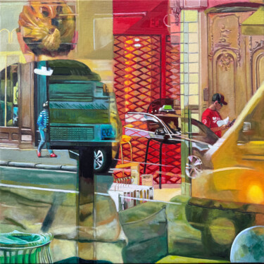 Painting titled "La livraison" by Jacques Kédochim, Original Artwork, Oil Mounted on Wood Stretcher frame