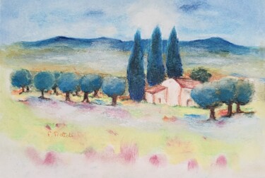 Zeichnungen mit dem Titel "Sous les cyprès, la…" von Florence Trottoli, Original-Kunstwerk, Pastell