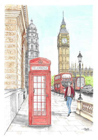 Painting titled "Londres, Parliament…" by Alberto López, Original Artwork, Watercolor