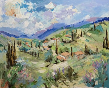 Painting titled "Tuscan Hillside." by Vita Schagen, Original Artwork, Oil Mounted on Wood Stretcher frame