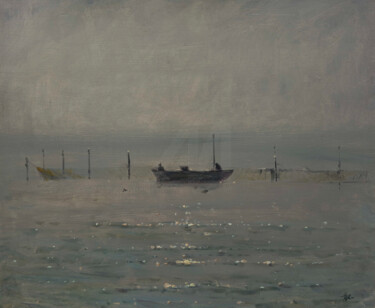 Painting titled "Calm Sea with Fishi…" by Artem Bilobrovskyi, Original Artwork, Oil Mounted on Other rigid panel