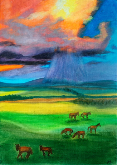 绘画 标题为“Horses in the Meadow” 由Mavira, 原创艺术品, 油 安装在木质担架架上