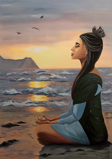 Pintura titulada "Woman Meditating by…" por Iryna Mellis, Obra de arte original, Acrílico Montado en Bastidor de camilla de…