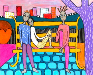 Ζωγραφική με τίτλο "Trois Léonnes au Pa…" από Roger.M, Αυθεντικά έργα τέχνης, Ακρυλικό Τοποθετήθηκε στο Ξύλινο φορείο σκελετό