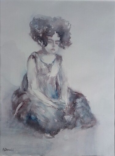Painting titled "Fillette endormie" by Annie Bonvarlet, Original Artwork, Watercolor Mounted on Other rigid panel