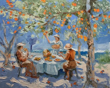 Painting titled "Picnic by tangerine…" by Vita Schagen, Original Artwork, Oil Mounted on Wood Stretcher frame