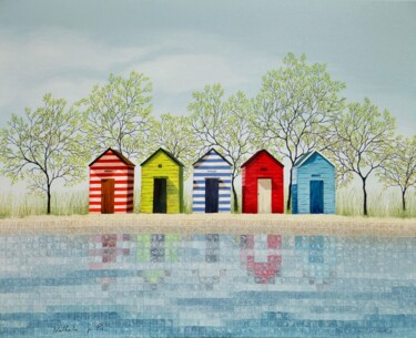 Painting titled "Les cabanes au bord…" by Nathalie Si Pié, Original Artwork, Oil Mounted on Wood Stretcher frame