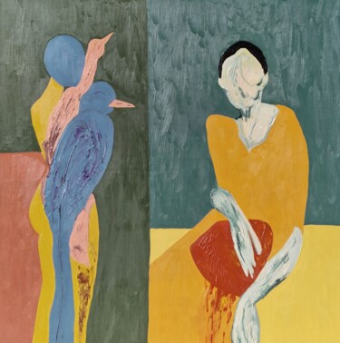 Painting titled "Girl in yellow with…" by Natalya Belalova, Original Artwork, Oil Mounted on Wood Stretcher frame