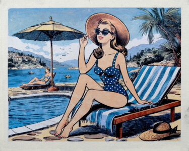 Impressões e gravuras intitulada "Bord de piscine" por Henri Fagerolles, Obras de arte originais, Monotipo Montado em Cartão