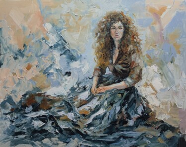 Painting titled "Woman in Blue." by Vita Schagen, Original Artwork, Oil Mounted on Wood Stretcher frame