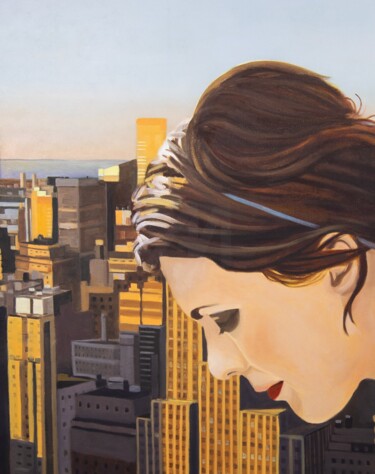 Painting titled "Big city lights" by Yvan Favre, Original Artwork, Oil Mounted on Wood Stretcher frame