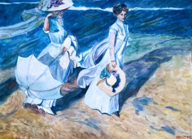 Painting titled "A walk along the be…" by Liliya Hudry, Original Artwork, Watercolor