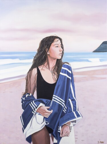 Peinture intitulée "Blue beach towel" par Yvan Favre, Œuvre d'art originale, Huile Monté sur Châssis en bois